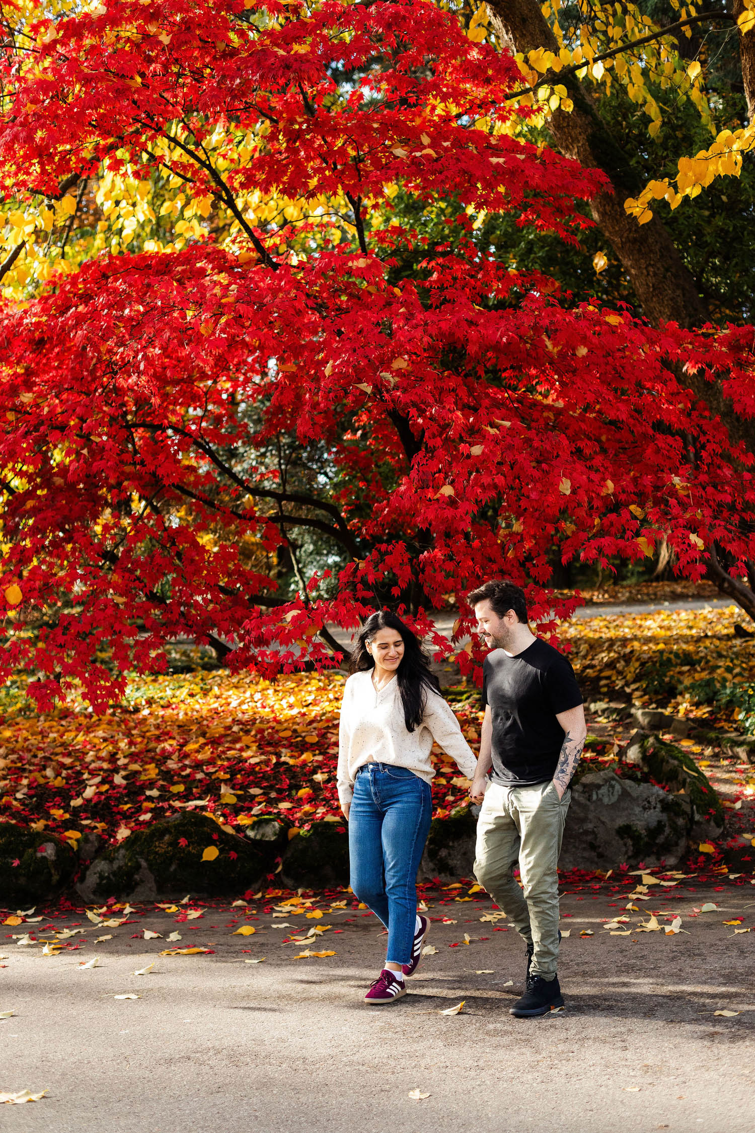 autumn leaves backdrop for fall engagement session in vancouver