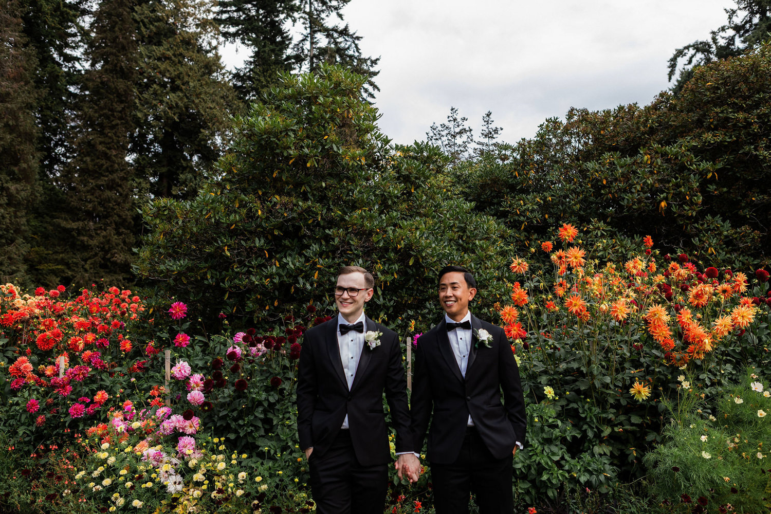 grooms laughing at stanley park rose garden